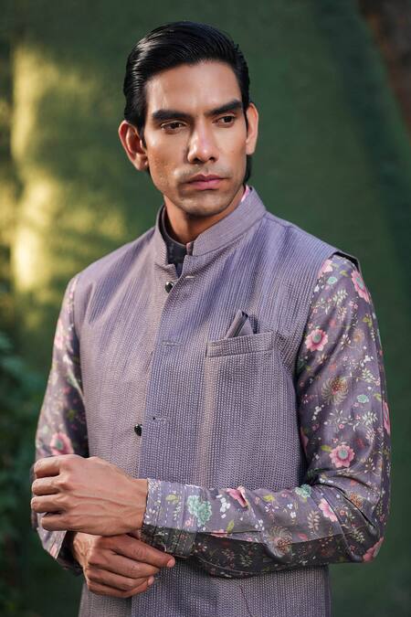 Label Niti Bothra_Purple Silk, Chanderi Embroidery Stitchline Nehru Jacket _at_Aza_Fashions