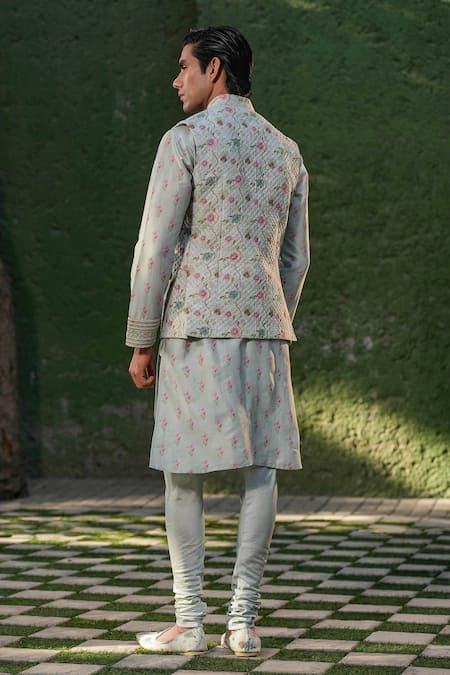 Label Niti Bothra Floral Printed Silk Chanderi Nehru Jacket Set 