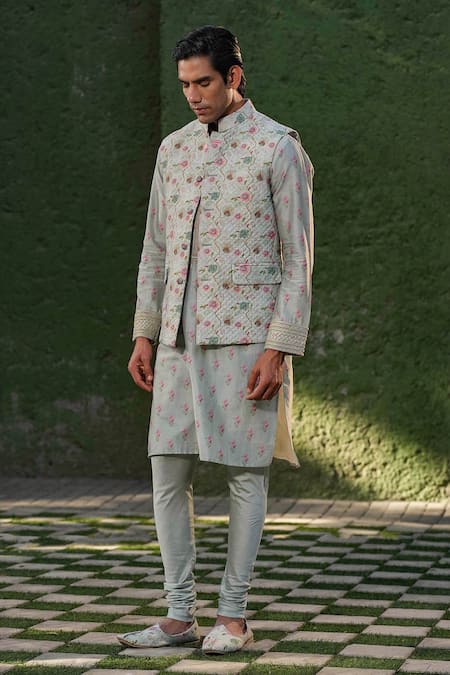 Buy_Label Niti Bothra_Blue Silk, Chanderi Embroidery Floral Printed Nehru Jacket Set _Online_at_Aza_Fashions