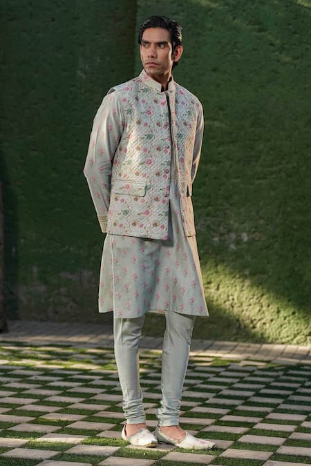 Label Niti Bothra_Blue Silk, Chanderi Embroidery Floral Printed Nehru Jacket Set _at_Aza_Fashions