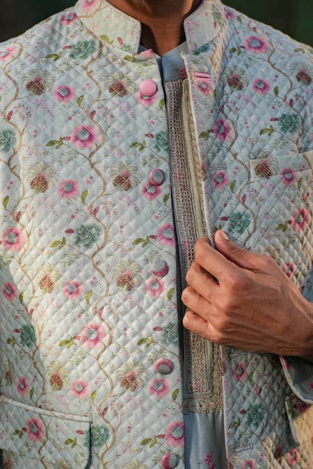 Buy_Label Niti Bothra_Blue Silk, Chanderi Embroidery Floral Printed Nehru Jacket Set 