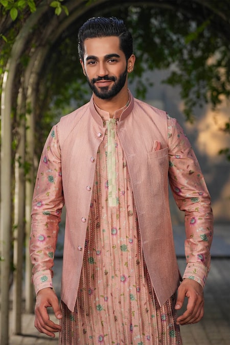 Label Niti Bothra_Pink Silk, Chanderi Embroidery Nehru Jacket And Kurta Set _Online_at_Aza_Fashions
