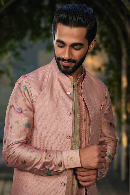 Buy_Label Niti Bothra_Pink Silk, Chanderi Embroidery Nehru Jacket And Kurta Set _Online_at_Aza_Fashions