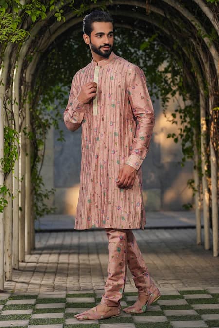 Label Niti Bothra_Pink Silk, Chanderi Embroidery Nehru Jacket And Kurta Set _at_Aza_Fashions