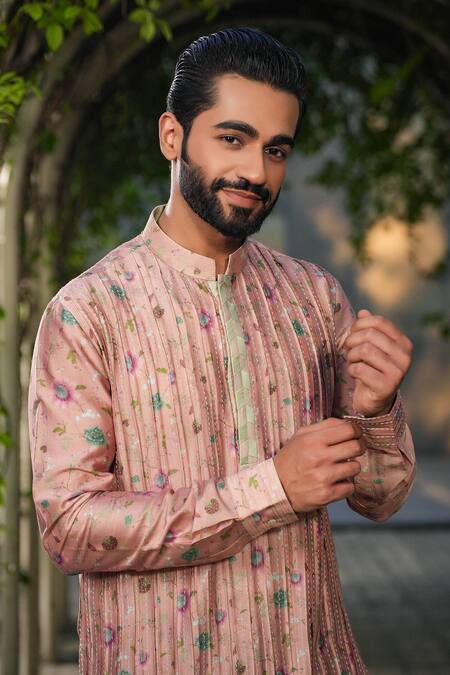 Buy_Label Niti Bothra_Pink Silk, Chanderi Embroidery Nehru Jacket And Kurta Set 