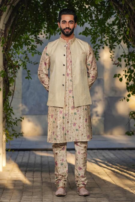 Label Niti Bothra_Ivory Silk, Chanderi Embroidery Bundi And Floral Print Kurta Set _Online_at_Aza_Fashions