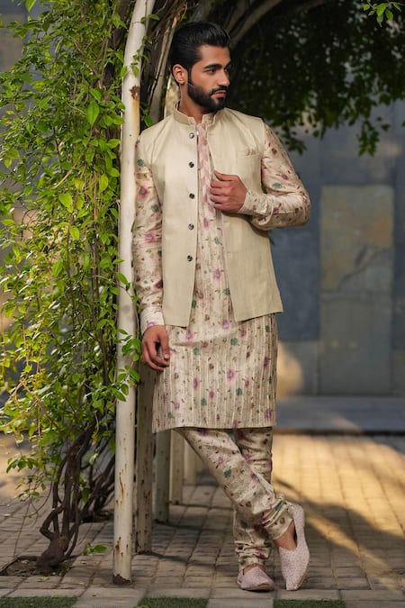 Buy_Label Niti Bothra_Ivory Silk, Chanderi Embroidery Bundi And Floral Print Kurta Set _Online_at_Aza_Fashions