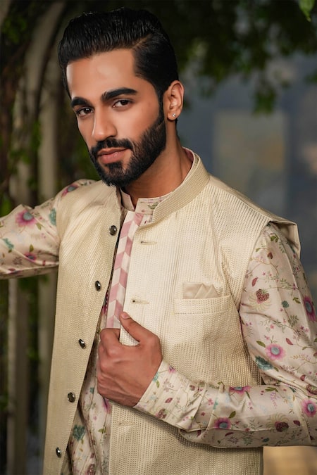 Shop_Label Niti Bothra_Ivory Silk, Chanderi Embroidery Bundi And Floral Print Kurta Set _Online_at_Aza_Fashions