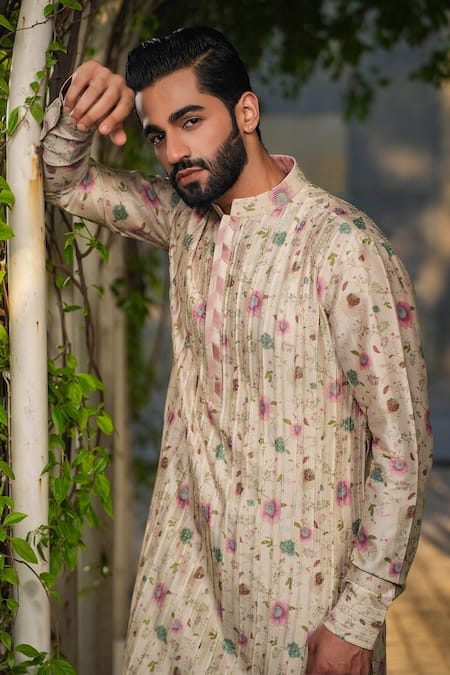 Shop_Label Niti Bothra_Ivory Silk, Chanderi Embroidery Bundi And Floral Print Kurta Set 