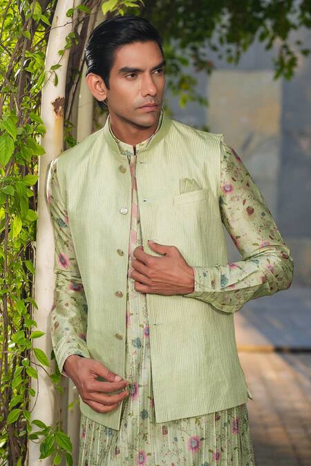 Buy Label Niti Bothra Green Silk, Chanderi Embroidery Mint Bundi And Kurta Set Online at Aza Fashions Buy_Label Niti Bothra_Green Silk, Chanderi Embroidery Mint Bundi And Kurta Set _Online_at_Aza_Fashions