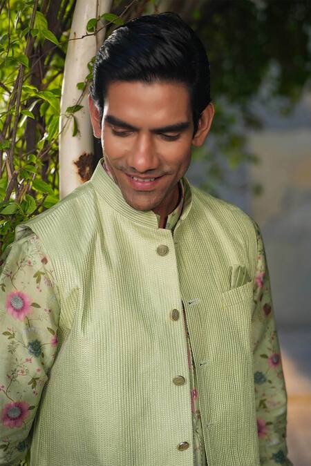 Shop Label Niti Bothra Green Silk, Chanderi Embroidery Mint Bundi And Kurta Set Online at Aza Fashions Shop_Label Niti Bothra_Green Silk, Chanderi Embroidery Mint Bundi And Kurta Set _Online_at_Aza_Fashions