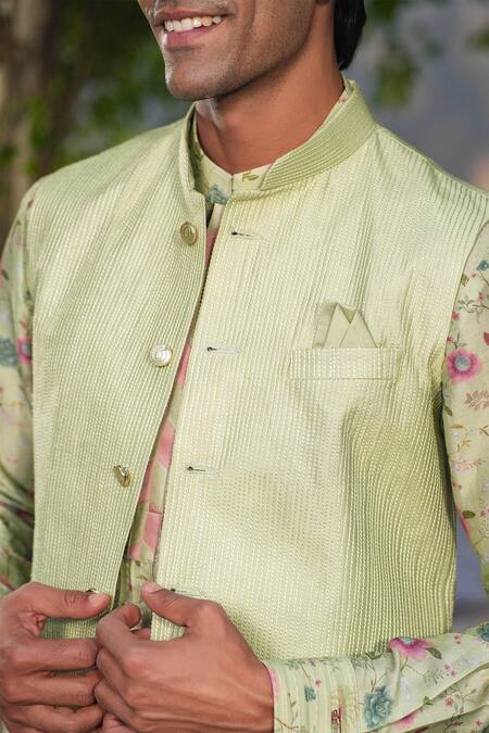 Label Niti Bothra Green Silk, Chanderi Embroidery Mint Bundi And Kurta Set at Aza Fashions Label Niti Bothra_Green Silk, Chanderi Embroidery Mint Bundi And Kurta Set _at_Aza_Fashions