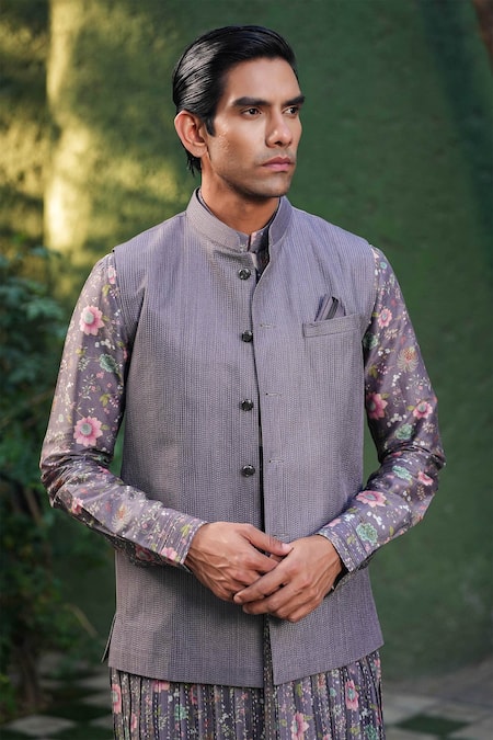 Buy Label Niti Bothra Purple Silk, Chanderi Embroidery Floral Bundi And Kurta Set Online at Aza Fashions Buy_Label Niti Bothra_Purple Silk, Chanderi Embroidery Floral Bundi And Kurta Set _Online_at_Aza_Fashions