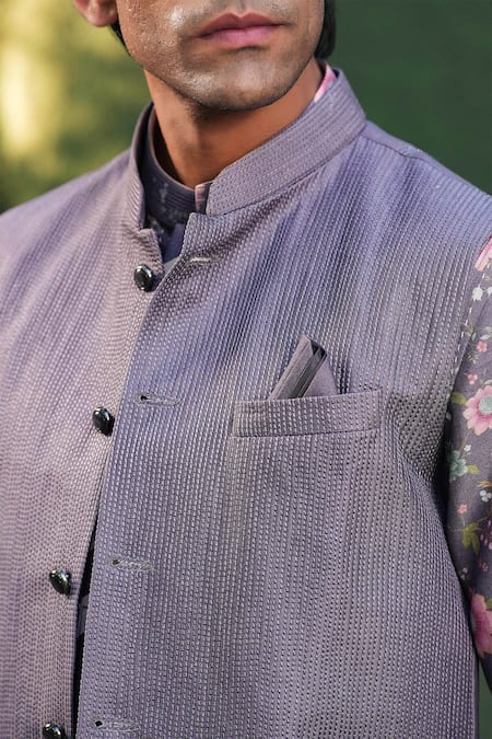 Shop Label Niti Bothra Purple Silk, Chanderi Embroidery Floral Bundi And Kurta Set Online at Aza Fashions Shop_Label Niti Bothra_Purple Silk, Chanderi Embroidery Floral Bundi And Kurta Set _Online_at_Aza_Fashions