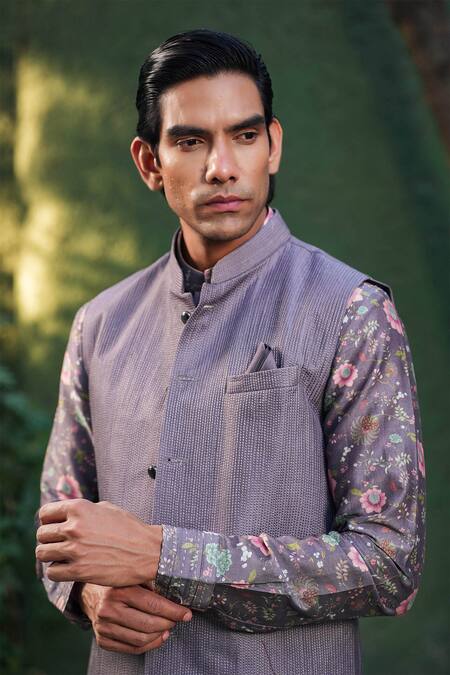 Label Niti Bothra Purple Silk, Chanderi Embroidery Floral Bundi And Kurta Set at Aza Fashions Label Niti Bothra_Purple Silk, Chanderi Embroidery Floral Bundi And Kurta Set _at_Aza_Fashions