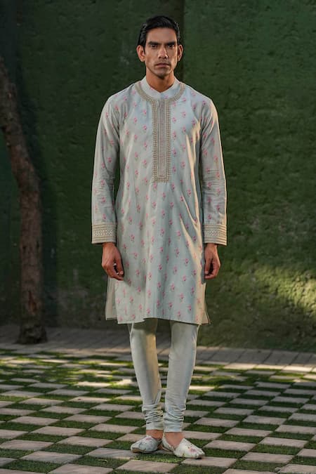 Shop Label Niti Bothra Blue Silk, Chanderi Embroidery Floral Print Kurta Set at Aza Fashions Shop_Label Niti Bothra_Blue Silk, Chanderi Embroidery Floral Print Kurta Set _at_Aza_Fashions