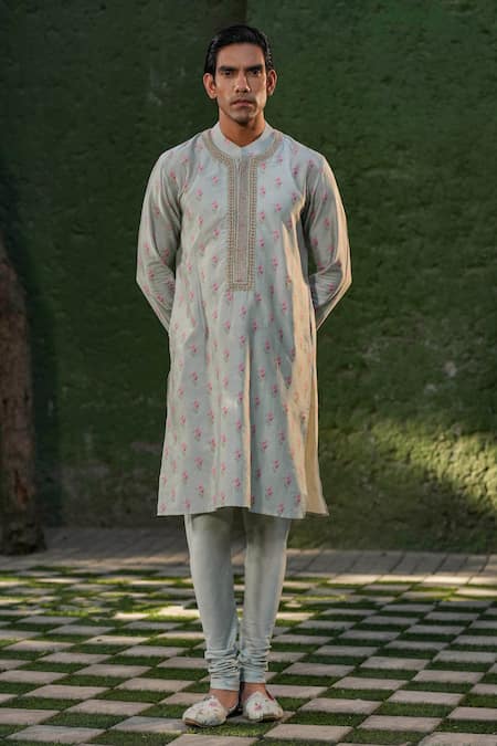 Label Niti Bothra Blue Silk, Chanderi Embroidery Floral Print Kurta Set Online at Aza Fashions Label Niti Bothra_Blue Silk, Chanderi Embroidery Floral Print Kurta Set _Online_at_Aza_Fashions