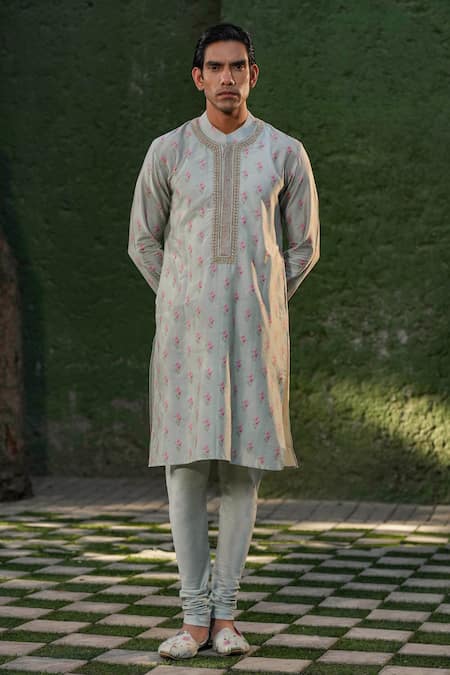 Buy Label Niti Bothra Blue Silk, Chanderi Embroidery Floral Print Kurta Set Online at Aza Fashions Buy_Label Niti Bothra_Blue Silk, Chanderi Embroidery Floral Print Kurta Set _Online_at_Aza_Fashions