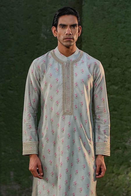 Shop Label Niti Bothra Blue Silk, Chanderi Embroidery Floral Print Kurta Set Online at Aza Fashions Shop_Label Niti Bothra_Blue Silk, Chanderi Embroidery Floral Print Kurta Set _Online_at_Aza_Fashions