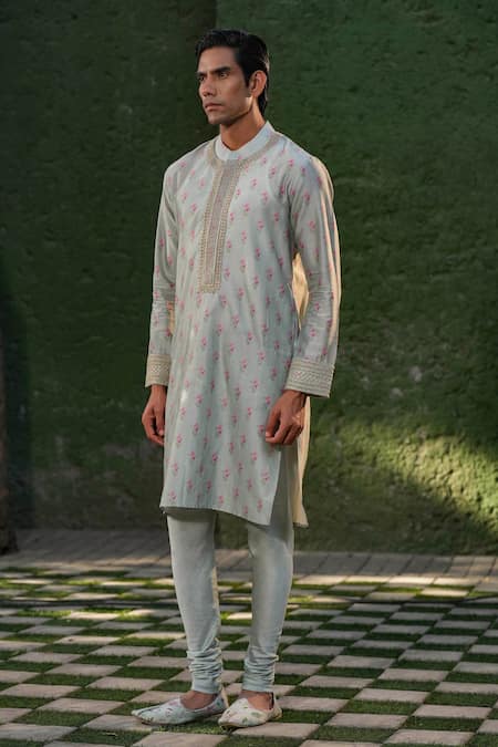 Label Niti Bothra Blue Silk, Chanderi Embroidery Floral Print Kurta Set at Aza Fashions Label Niti Bothra_Blue Silk, Chanderi Embroidery Floral Print Kurta Set _at_Aza_Fashions