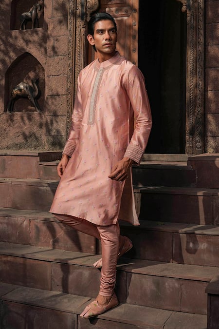 Shop_Label Niti Bothra_Pink Silk, Chanderi Embroidery Flower Print Kurta Set _at_Aza_Fashions