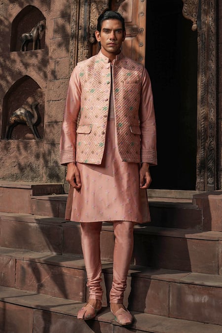 Label Niti Bothra_Pink Silk, Chanderi Embroidery Flower Print Kurta Set _Online_at_Aza_Fashions