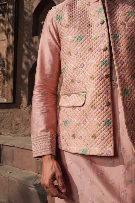 Label Niti Bothra_Pink Silk, Chanderi Embroidery Flower Print Kurta Set _at_Aza_Fashions