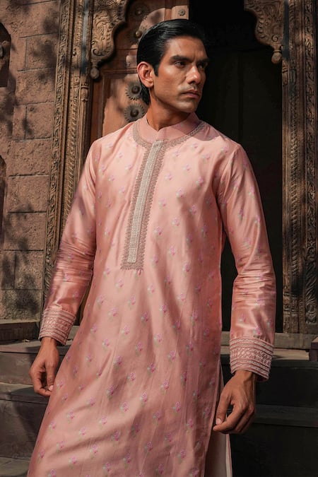 Buy_Label Niti Bothra_Pink Silk, Chanderi Embroidery Flower Print Kurta Set 