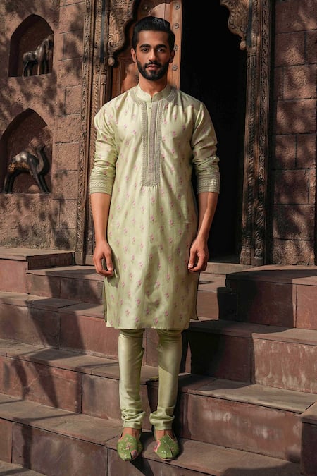 Shop_Label Niti Bothra_Green Silk, Chanderi Embroidery Printed Kurta Set _at_Aza_Fashions