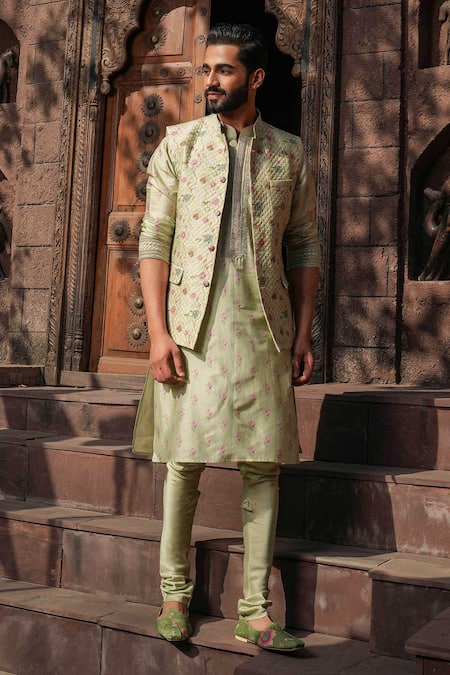 Label Niti Bothra_Green Silk, Chanderi Embroidery Printed Kurta Set _Online_at_Aza_Fashions