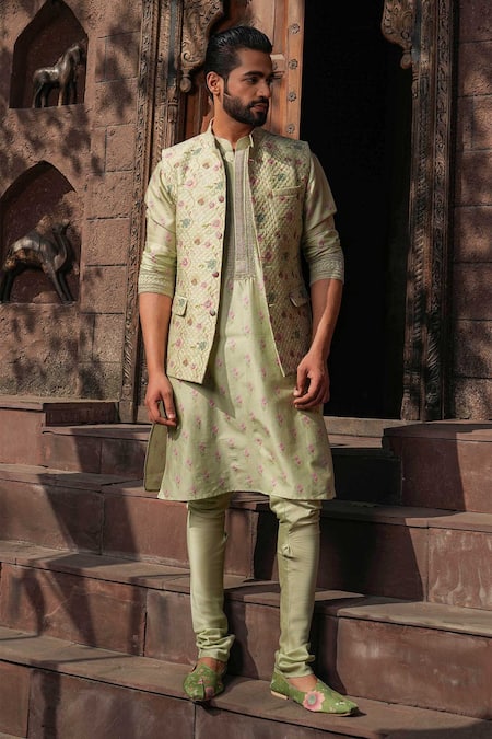 Buy_Label Niti Bothra_Green Silk, Chanderi Embroidery Printed Kurta Set _Online_at_Aza_Fashions