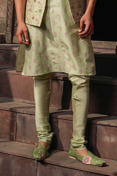 Shop_Label Niti Bothra_Green Silk, Chanderi Embroidery Printed Kurta Set _Online_at_Aza_Fashions