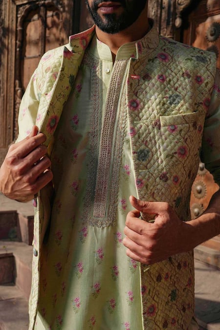 Buy_Label Niti Bothra_Green Silk, Chanderi Embroidery Printed Kurta Set 