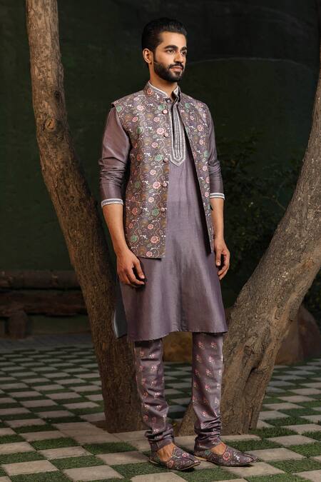 Label Niti Bothra_Purple Silk, Chanderi Beads, Embroidery Placket Kurta Set _Online_at_Aza_Fashions