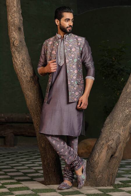 Buy_Label Niti Bothra_Purple Silk, Chanderi Beads, Embroidery Placket Kurta Set _Online_at_Aza_Fashions