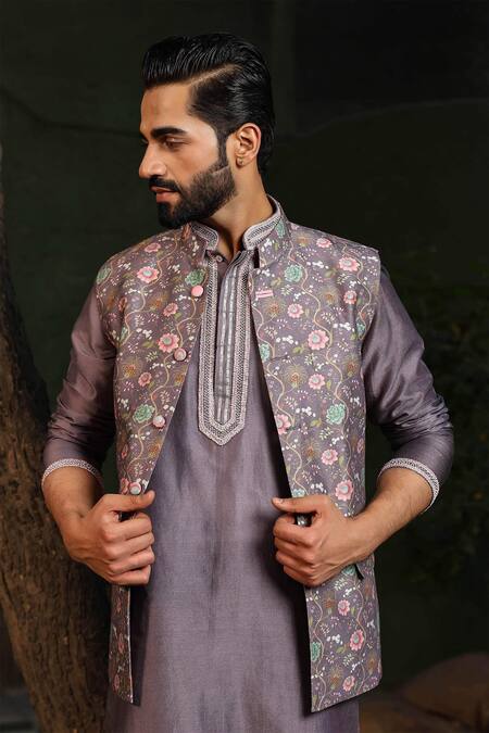 Shop_Label Niti Bothra_Purple Silk, Chanderi Beads, Embroidery Placket Kurta Set _Online_at_Aza_Fashions