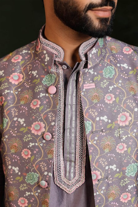 Label Niti Bothra_Purple Silk, Chanderi Beads, Embroidery Placket Kurta Set _at_Aza_Fashions