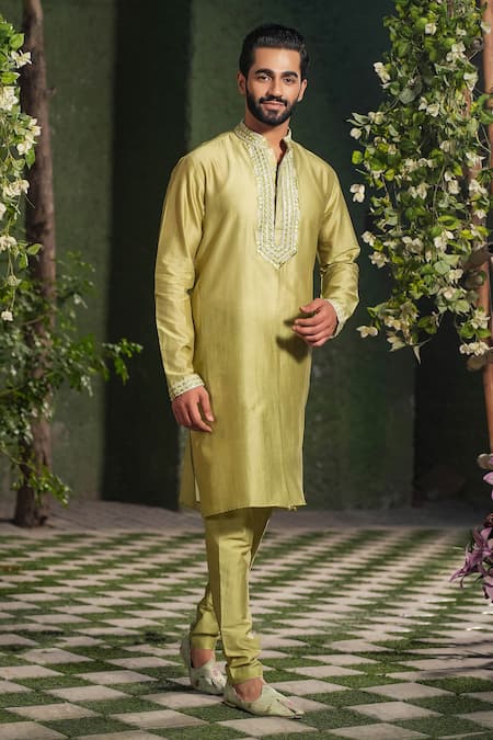 Buy Label Niti Bothra Green Silk, Chanderi Sequins, Embroidery Kurta Set Online at Aza Fashions Buy_Label Niti Bothra_Green Silk, Chanderi Sequins, Embroidery Kurta Set _Online_at_Aza_Fashions