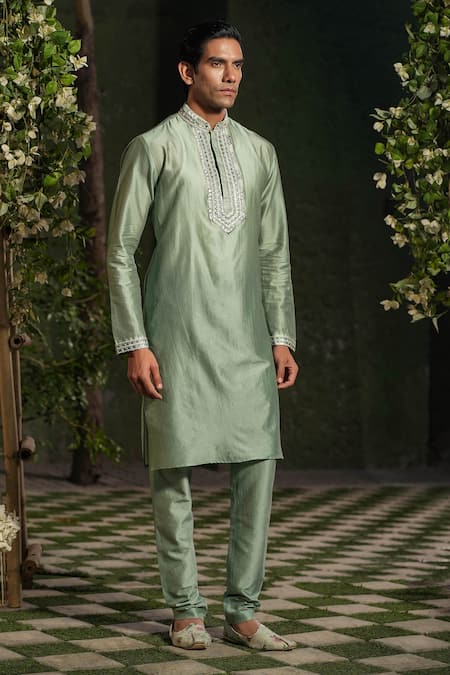 Buy_Label Niti Bothra_Green Silk, Chanderi Sequins, Embroidery Placket Kurta And Churidar Set _Online_at_Aza_Fashions