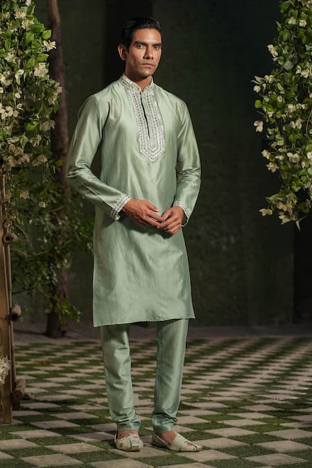 Shop_Label Niti Bothra_Green Silk, Chanderi Sequins, Embroidery Placket Kurta And Churidar Set _Online_at_Aza_Fashions