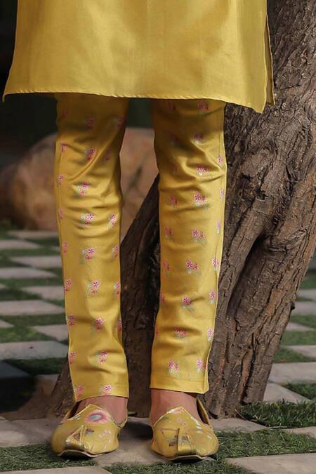 Shop_Label Niti Bothra_Yellow Silk, Chanderi Beads, Embroidery Gota Placket Kurta Set _Online_at_Aza_Fashions