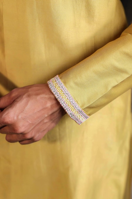 Label Niti Bothra_Yellow Silk, Chanderi Beads, Embroidery Gota Placket Kurta Set _at_Aza_Fashions