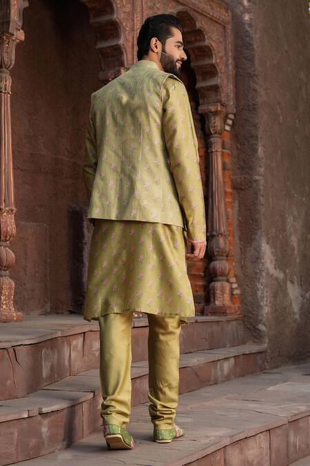 Label Niti Bothra Floral Print Green Nehru Jacket 