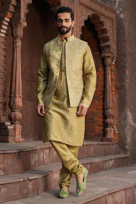 Label Niti Bothra_Green Silk, Chanderi Embroidery Floral Print Nehru Jacket _Online_at_Aza_Fashions
