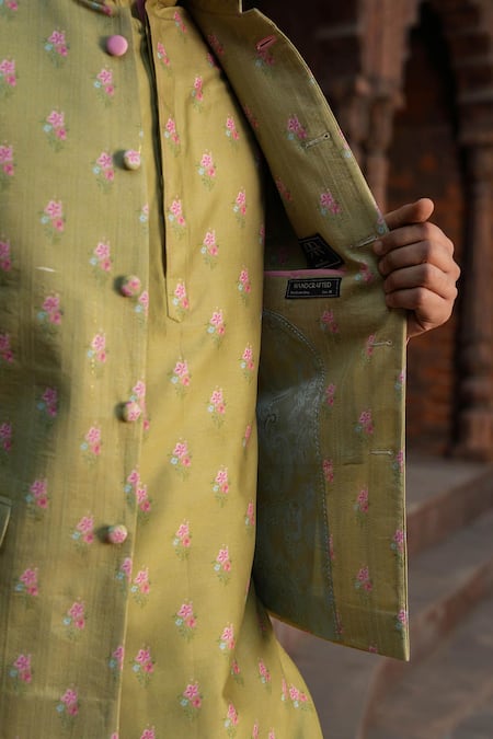 Shop_Label Niti Bothra_Green Silk, Chanderi Embroidery Floral Print Nehru Jacket _Online_at_Aza_Fashions