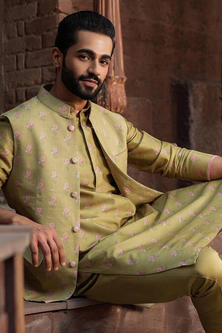 Label Niti Bothra_Green Silk, Chanderi Embroidery Floral Print Nehru Jacket _at_Aza_Fashions