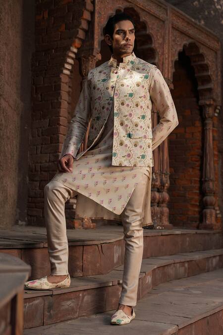 Label Niti Bothra_Ivory Silk, Chanderi Embroidery Floral Vine Printed Nehru Jacket _Online_at_Aza_Fashions