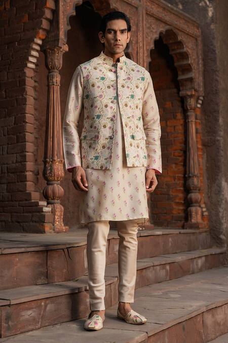 Buy_Label Niti Bothra_Ivory Silk, Chanderi Embroidery Floral Vine Printed Nehru Jacket _Online_at_Aza_Fashions