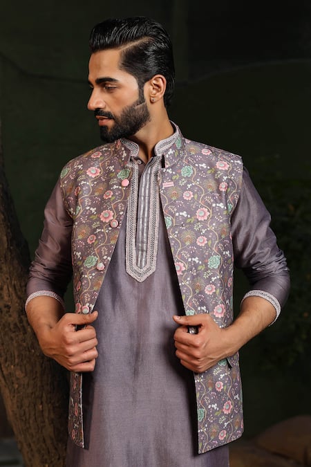 Label Niti Bothra Purple Botanical Print Nehru Jacket 