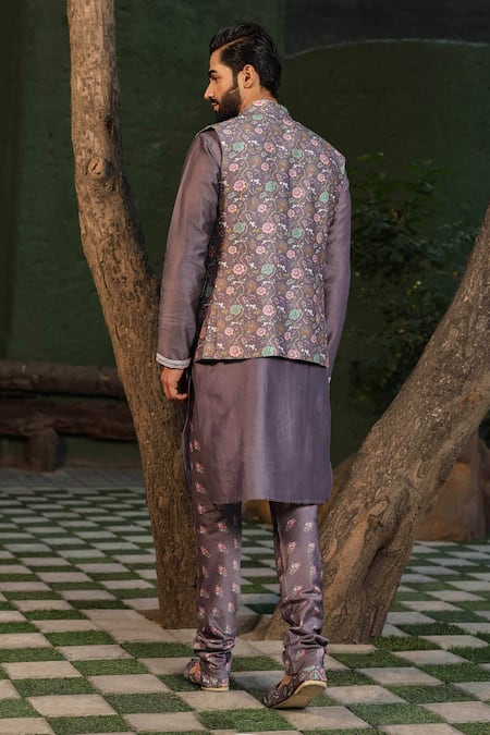 Label Niti Bothra Purple Botanical Print Nehru Jacket 